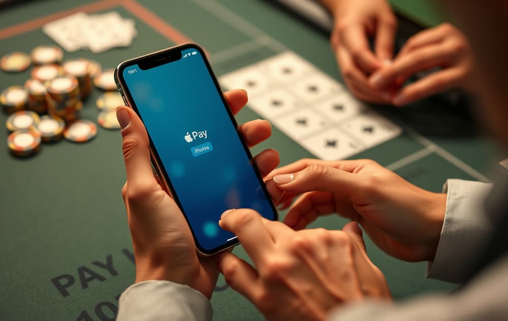 Person som betaler med Apple Pay på iPhone ved et kasinobord med sjetonger og kort.