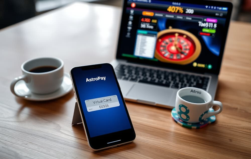 Smarttelefon med AstroPay-appen ved siden av en bærbar PC med et nettcasino på skjermen