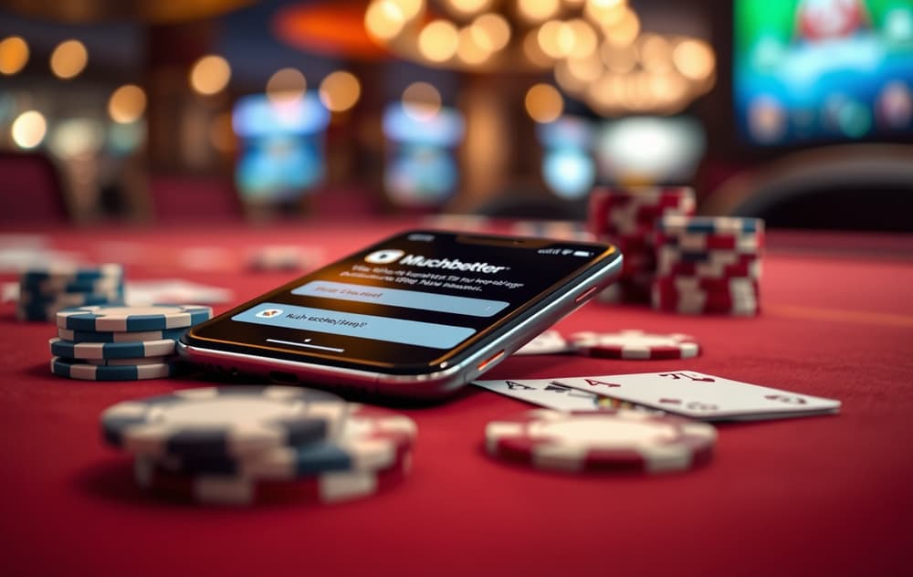 Smarttelefon med Muchbetter-appen på et casino-bord med sjetonger og kort