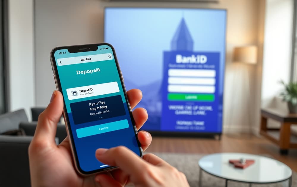 Person som bruker mobil med BankID for å sette inn penger på et Pay n Play casino.