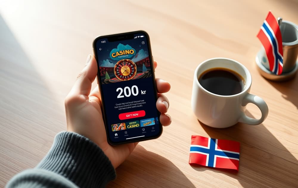 Hånd som holder smarttelefon med 200 kr gratis bonus-varsel, kaffekopp og norsk flagg på bordet.