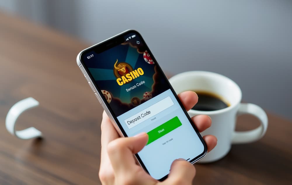 En person som fyller inn en bonuskode på en mobiltelefon, med en kopp kaffe ved siden av