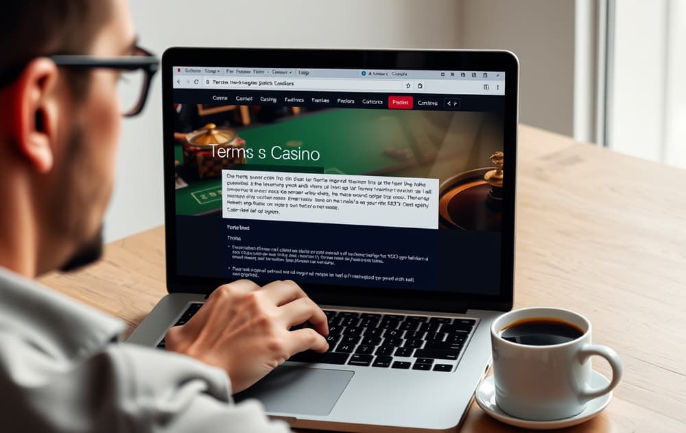 Person som leser vilkår på en casino-nettside, med bekymret uttrykk