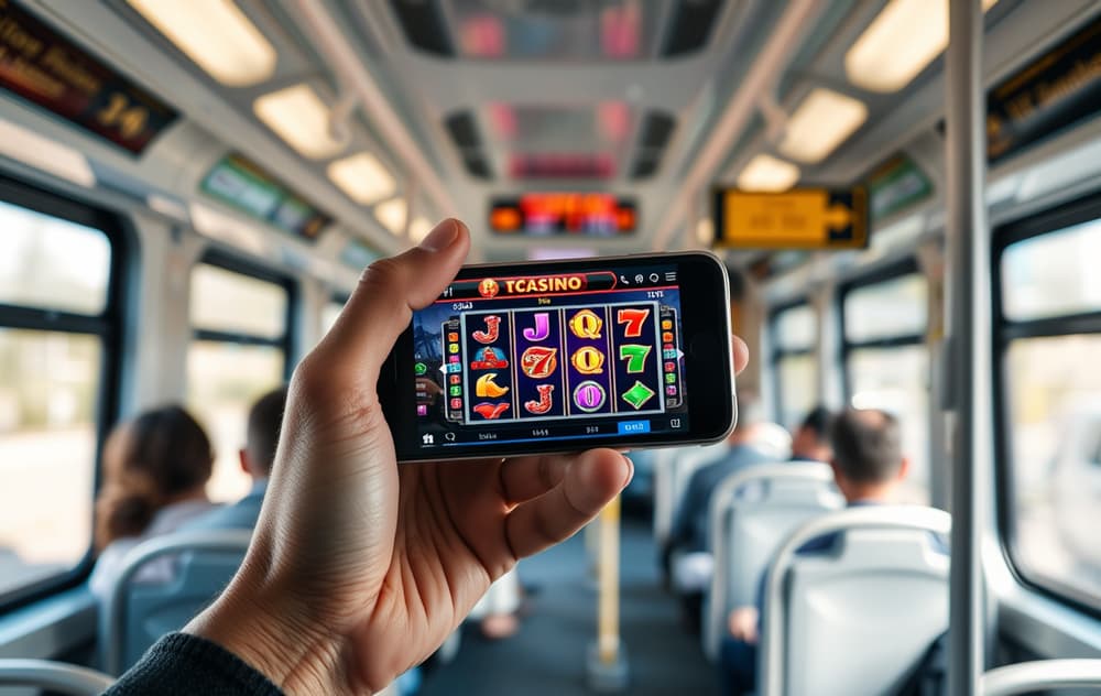 Person som spiller casino på mobil i offentlig transport
