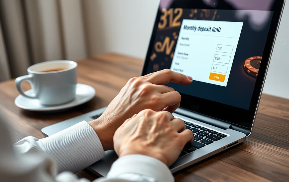 En hånd som setter innskuddsgrense på en bærbar PC, med kaffekopp og mobiltelefon i bakgrunnen.