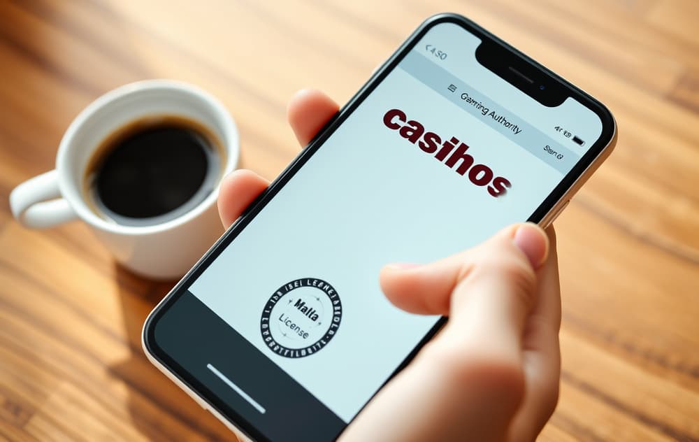 Mobiltelefon som viser et casino med MGA-lisenslogo nederst på skjermen, ved siden av en kaffekopp.
