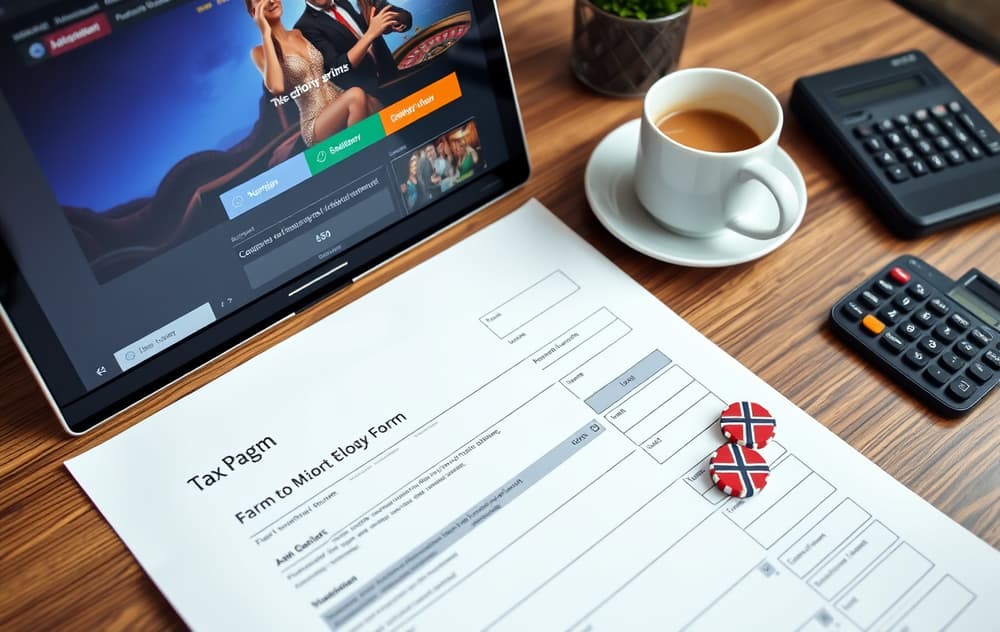 Skattemelding og laptop med nettcasino, kalkulator og kaffekopp på skrivebordet