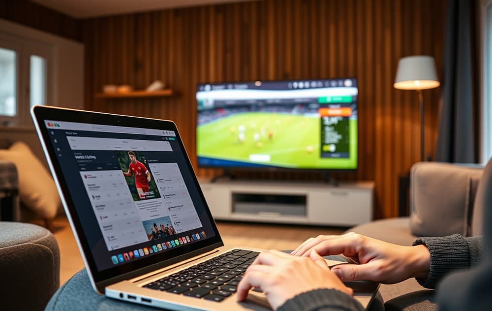 Person som spiller på en utenlandsk bookmaker på laptop, med fotballkamp på TV.
