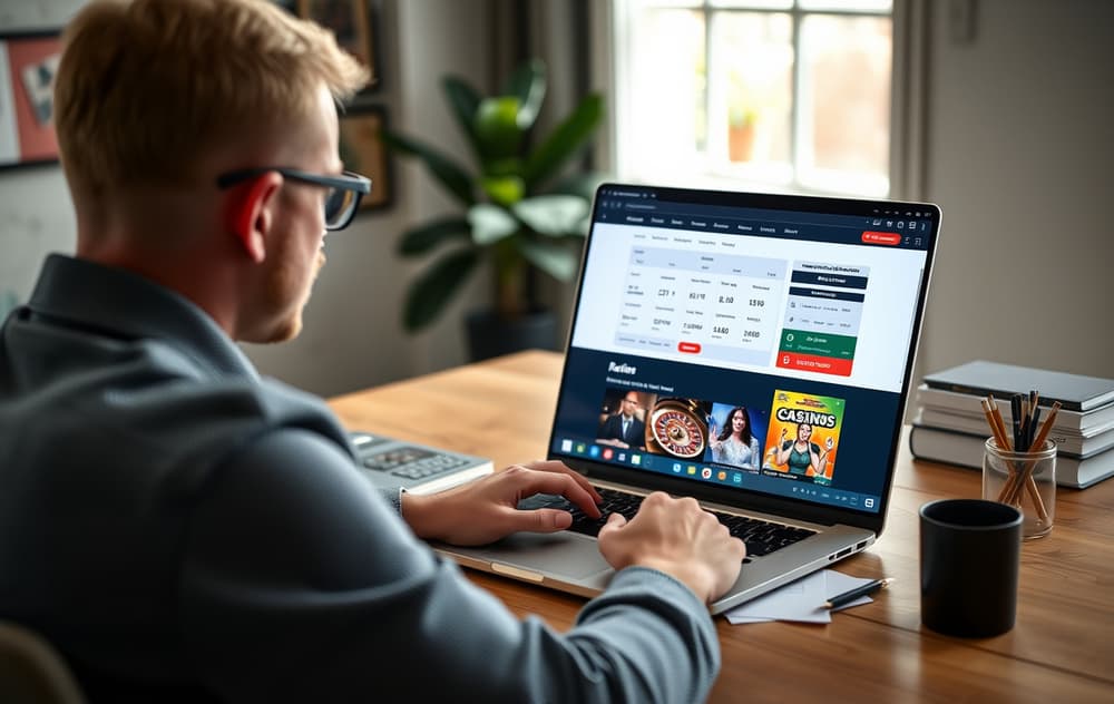 En person sammenligner casinoer på en bærbar PC med lisensdokumenter på bordet.