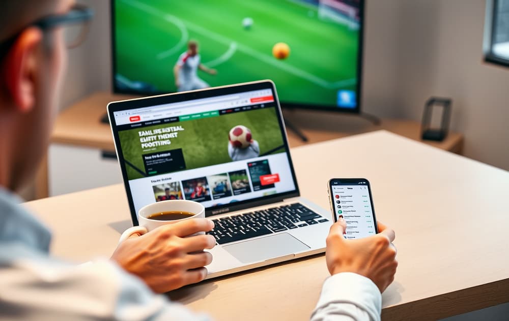 Person som sammenligner fotball odds på en bærbar PC med mobiltelefon ved siden av