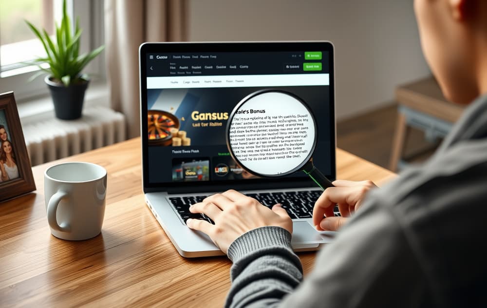 En person studerer vilkårene for en gratisbonus på en bærbar PC, med et forstørrelsesglass over teksten.