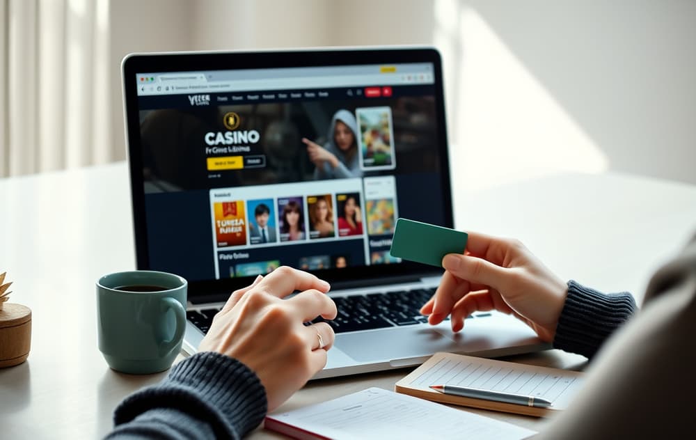 Person som sammenligner casinoer på laptop med kaffekopp og notatblokk