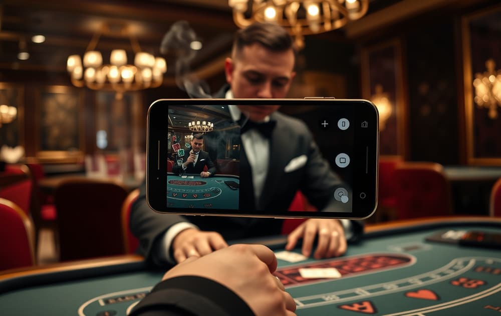 Live baccarat med ekte dealer på mobilskjerm – norsk spiller i sofaen.