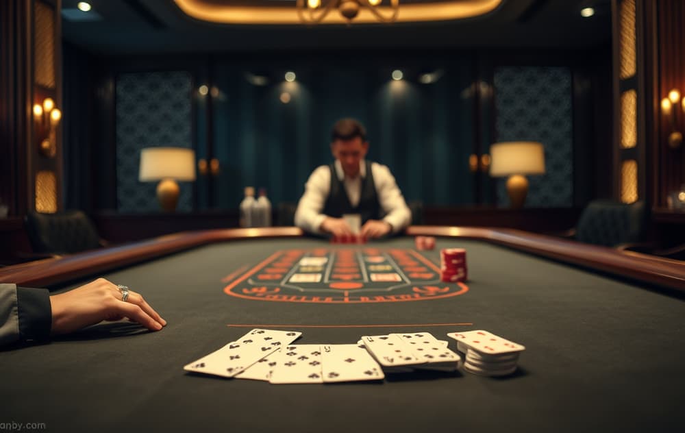 Blackjack-bord med kort og sjetonger, casino-setting