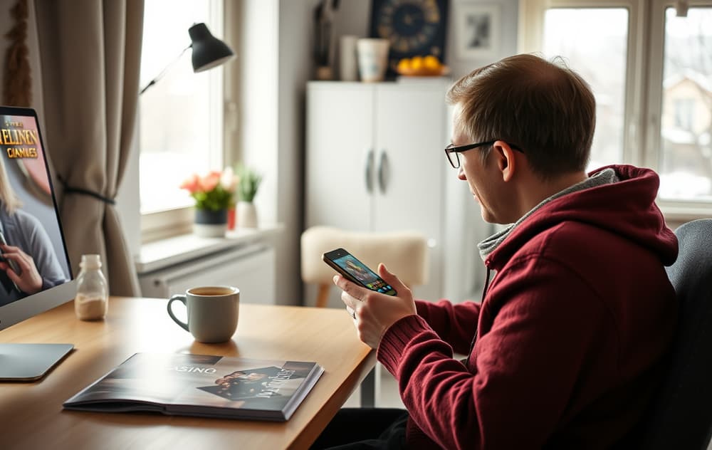 En person sitter ved et skrivebord i en norsk stue og spiller casinospill på mobilen, med en kopp kaffe og en Hjelpelinjen-brosjyre på bordet.
