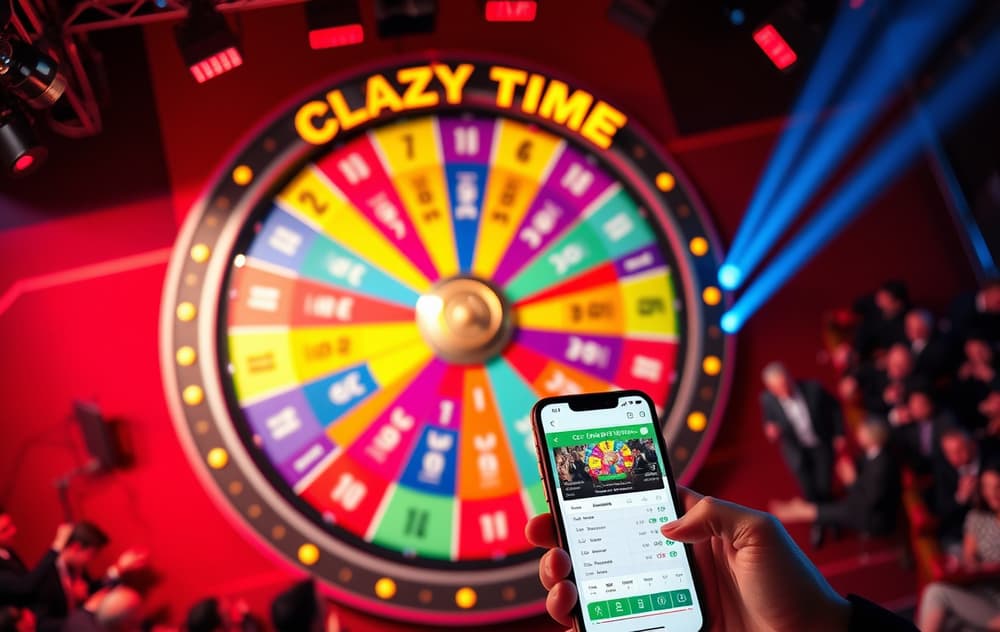 Crazy Time live studio med et stort hjul og en vert, og en mobiltelefon i forgrunnen som viser spillgrensesnittet.