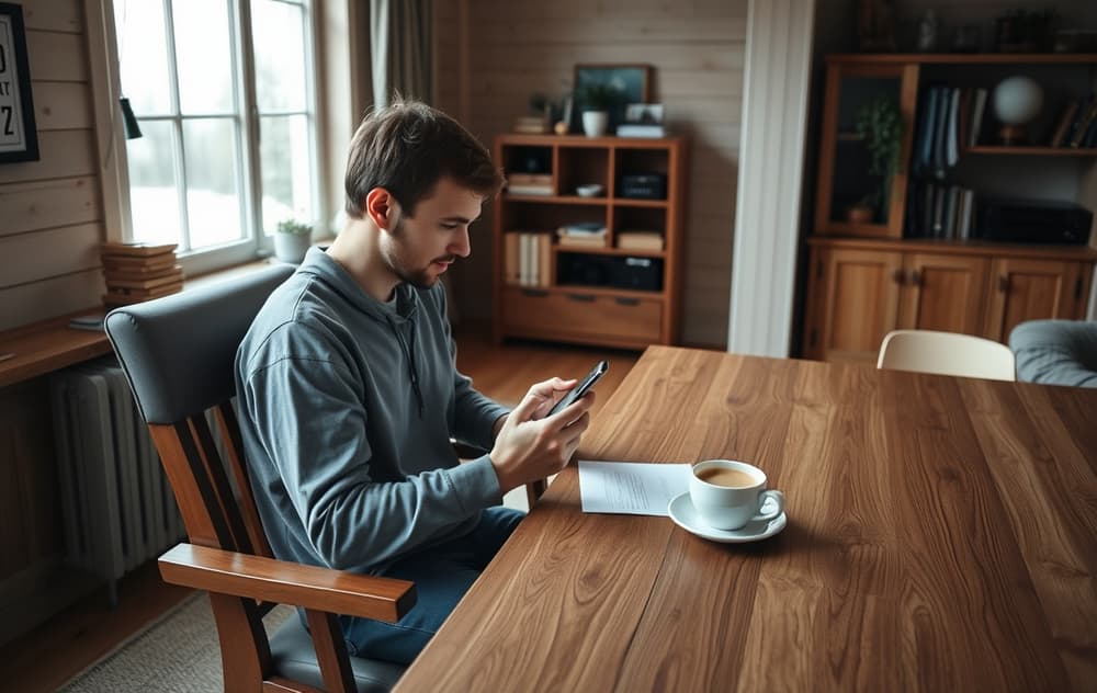 Person som spiller lotto på mobilen i en stue – trygt og oversiktlig.