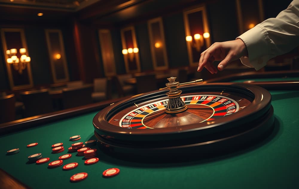 Rulett-hjul i et casino med grønt bord og sjetonger